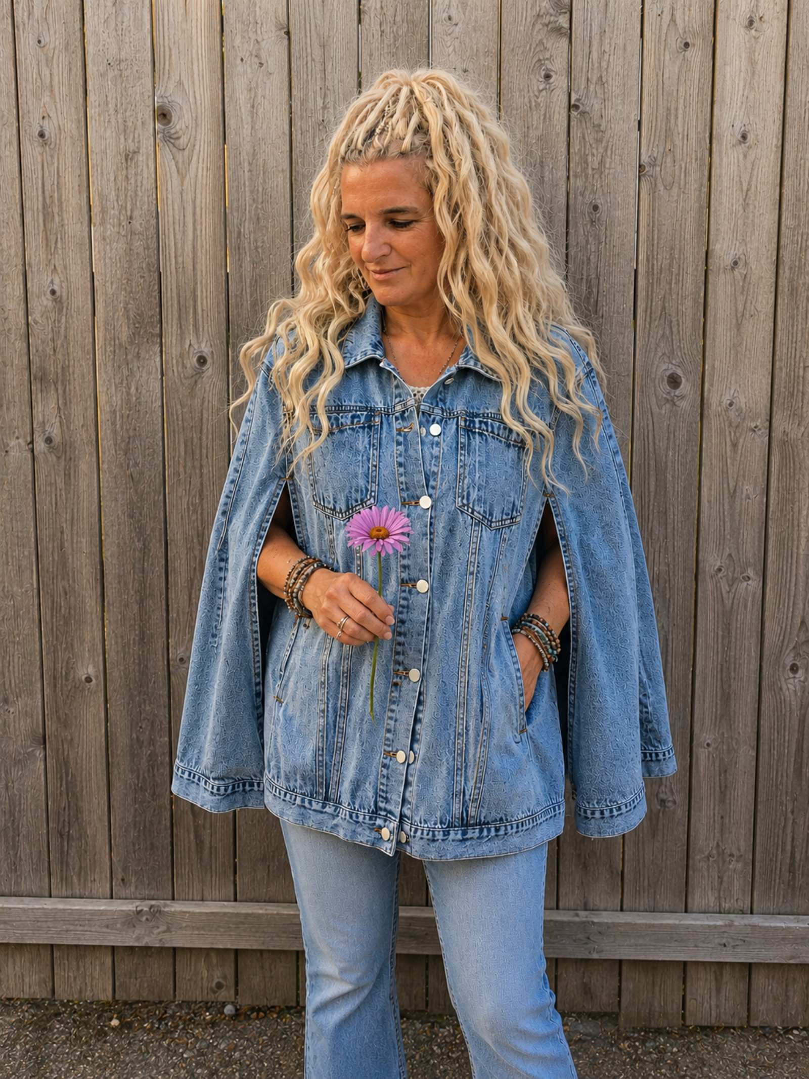 One of a Kind upcycled denim jacket van Old New Atelier gedragen door model met bloem, boho stijl, handgemaakt festival jasje van gerecyclede denim.
