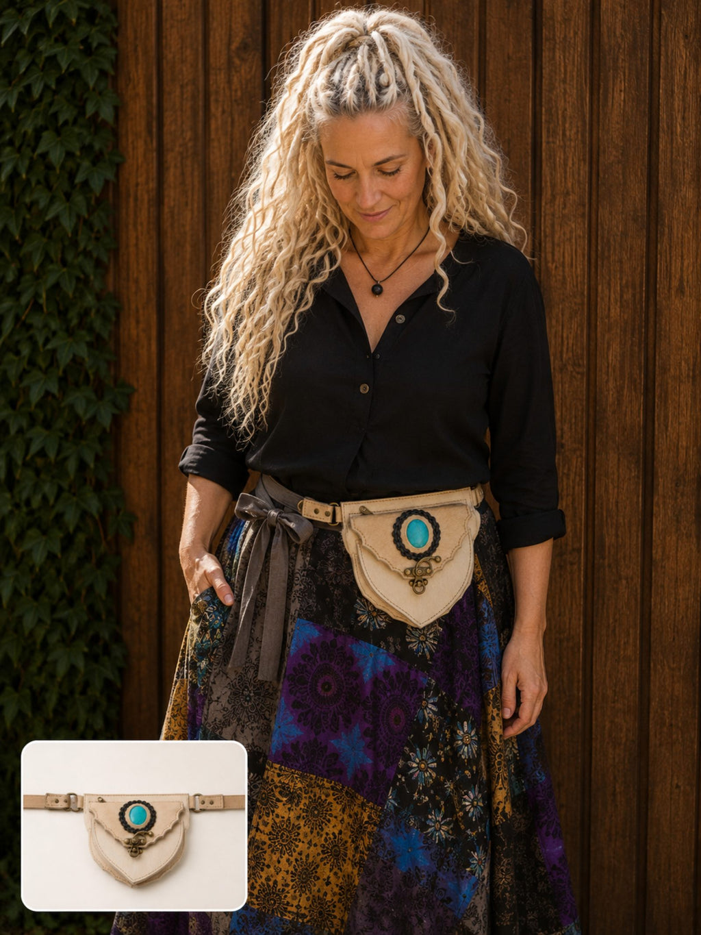 Boho patchwork wrap rok gecombineerd met leren heuptasje van Old New Atelier