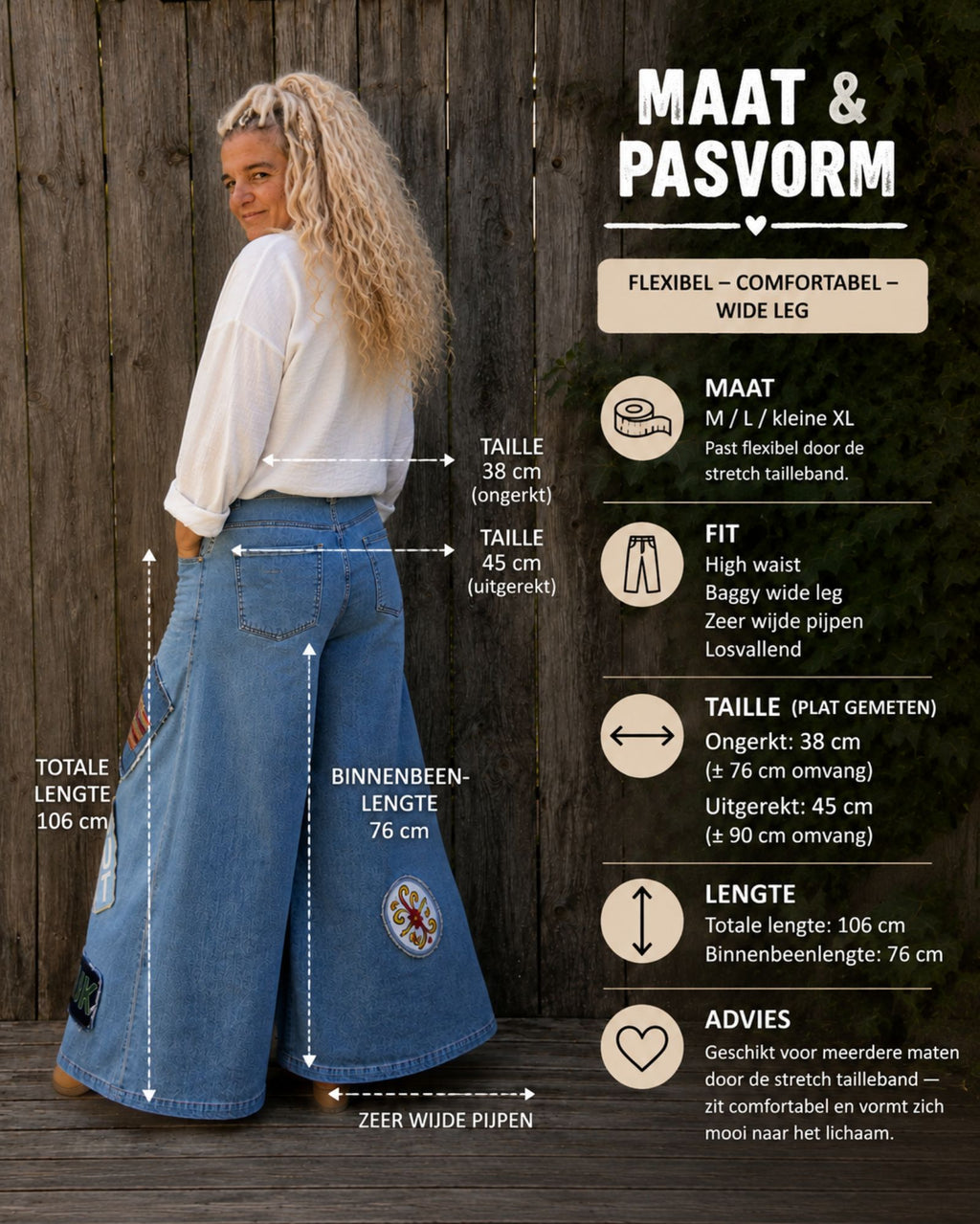 Maatoverzicht Hippie Spirit jeans met taille lengte en binnenbeenlengte