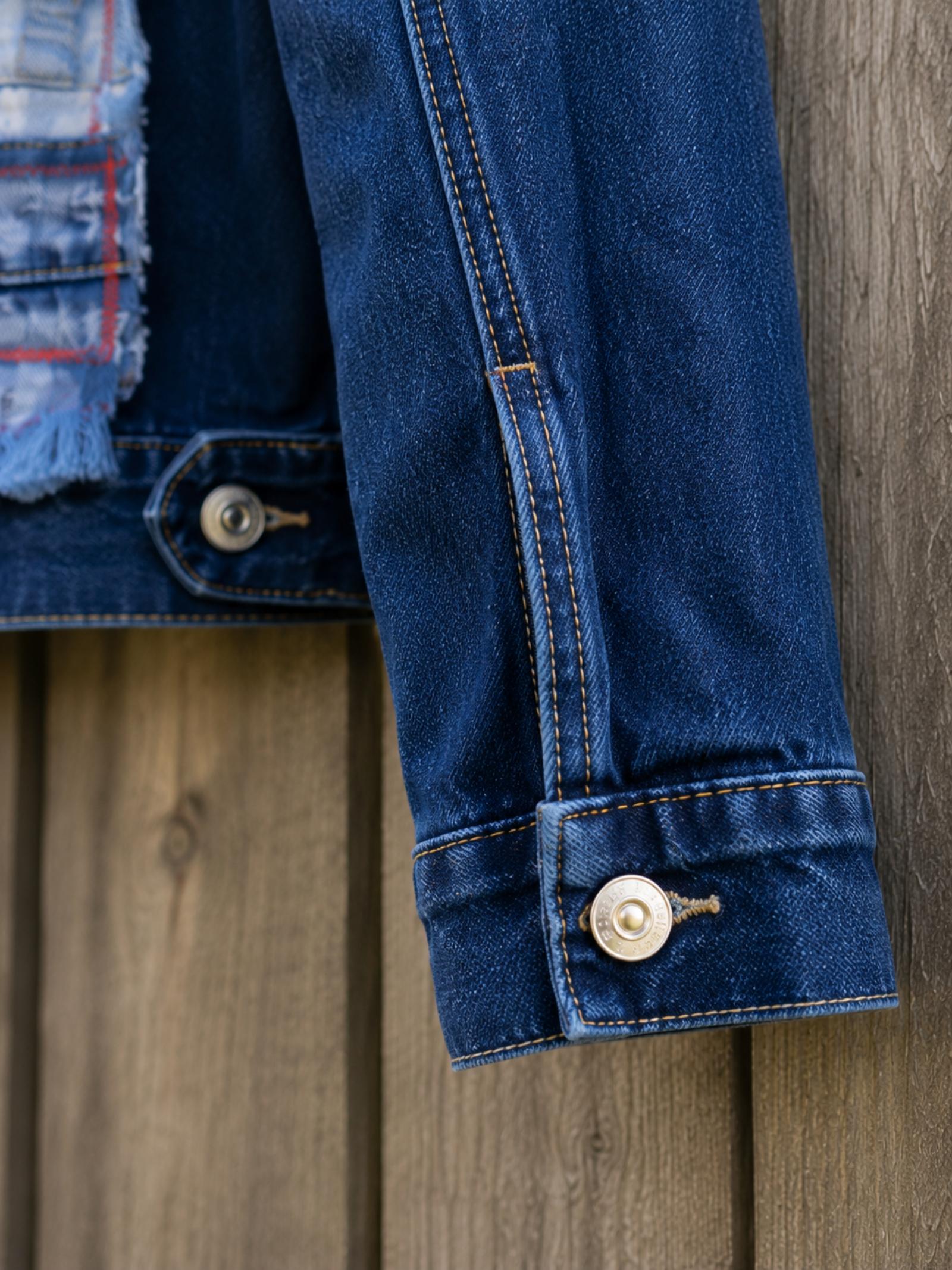 Detail van denim manchet en afwerking van Wait a Minute upcycled denim jasje