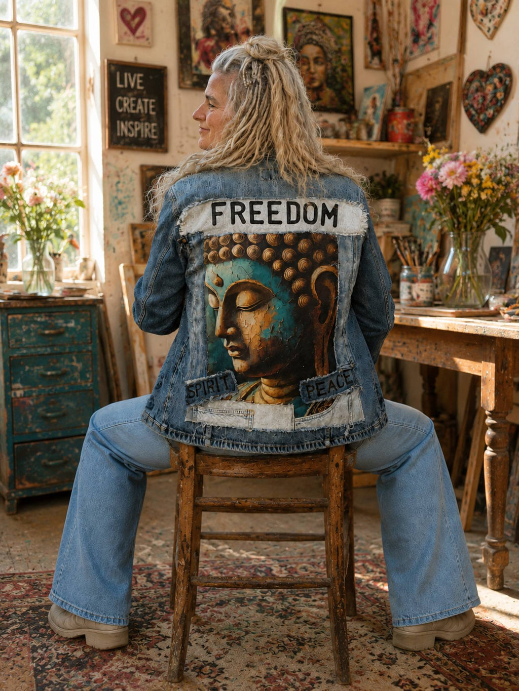 One of a Kind Buddha denim jasje gedragen in kunstenaarsatelier - handgemaakt upcycled spijkerjasje van Old New Atelier