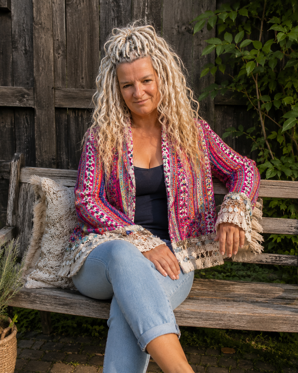 One of a Kind boho jasje gedragen op houten bankje in bohemian stijl – handgemaakt door Old New Atelier