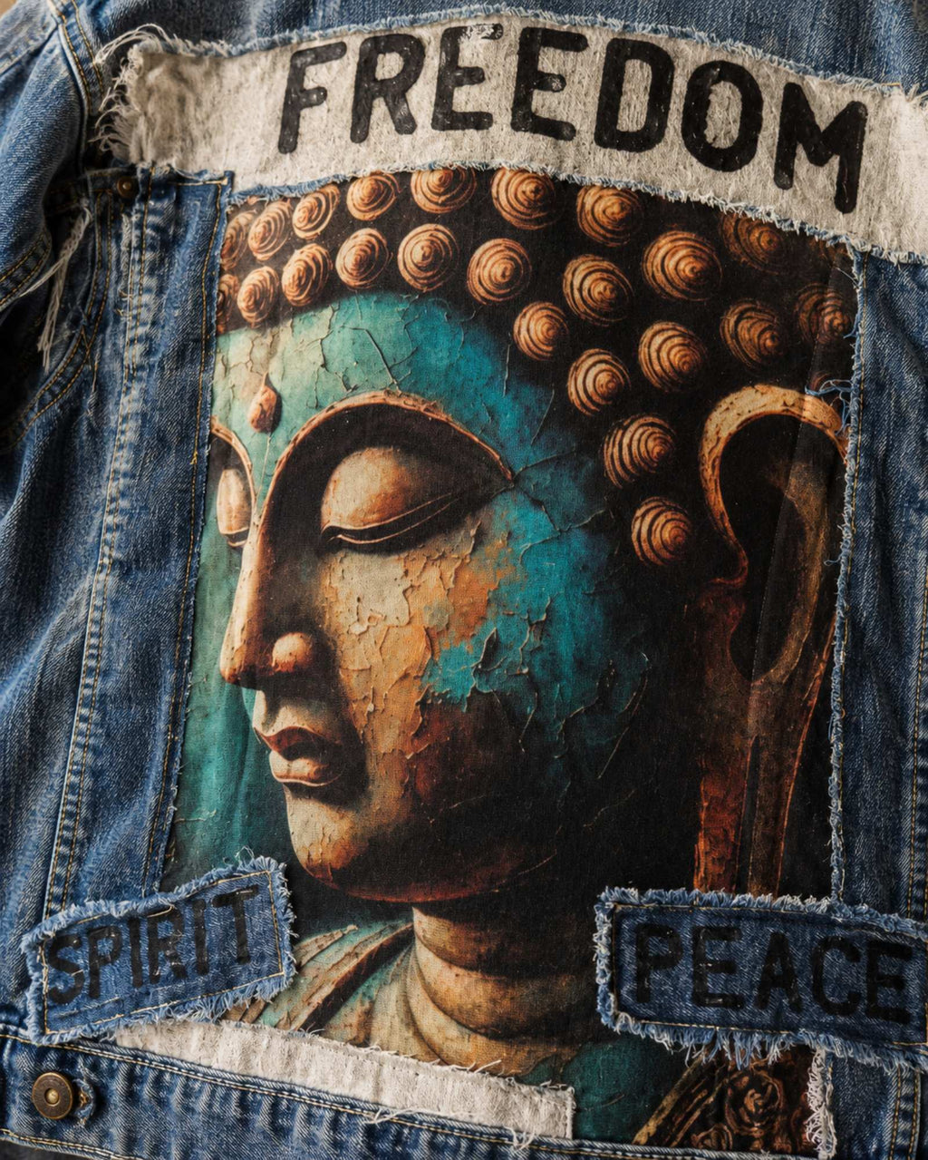 Close-up handwerk Freedom Spirit jasje met Buddha kunstwerk rafelranden en denim details