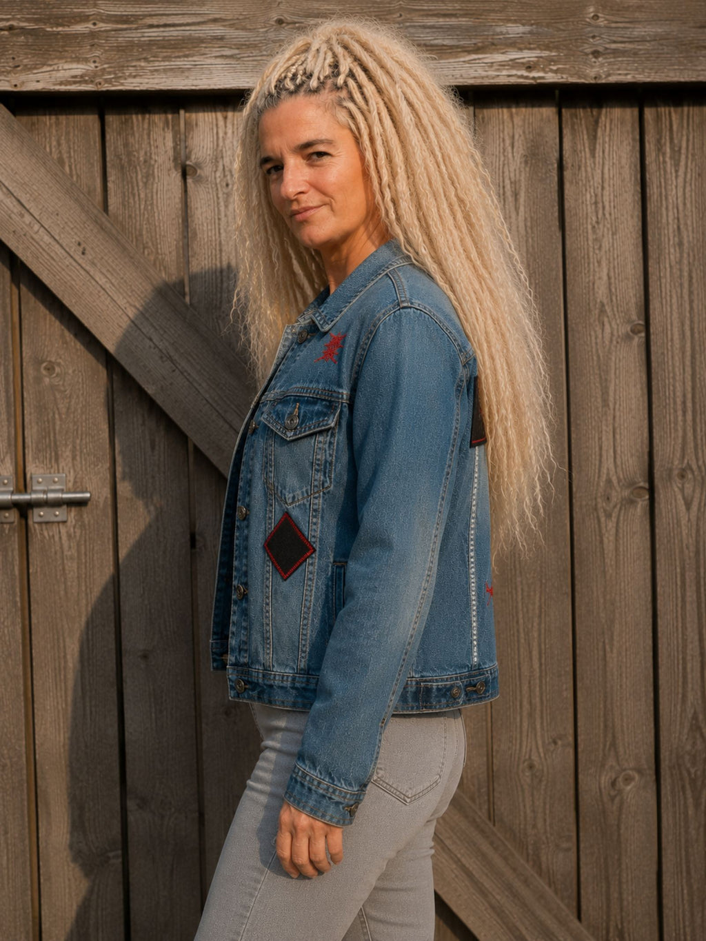 Zijaanzicht van het One of a Kind upcycled denim jasje, gedragen door model.