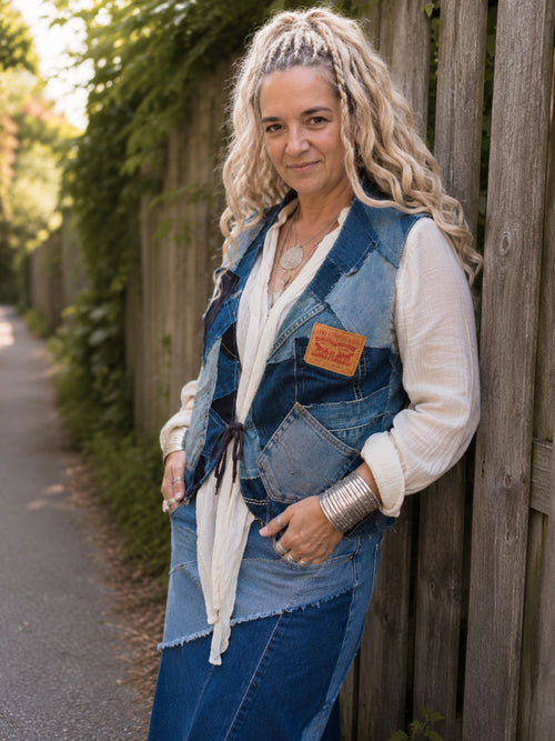 One of a Kind upcycled denim patchwork hesje gedragen door model met witte boho blouse – handgemaakt van gerecyclede Levi's jeans.