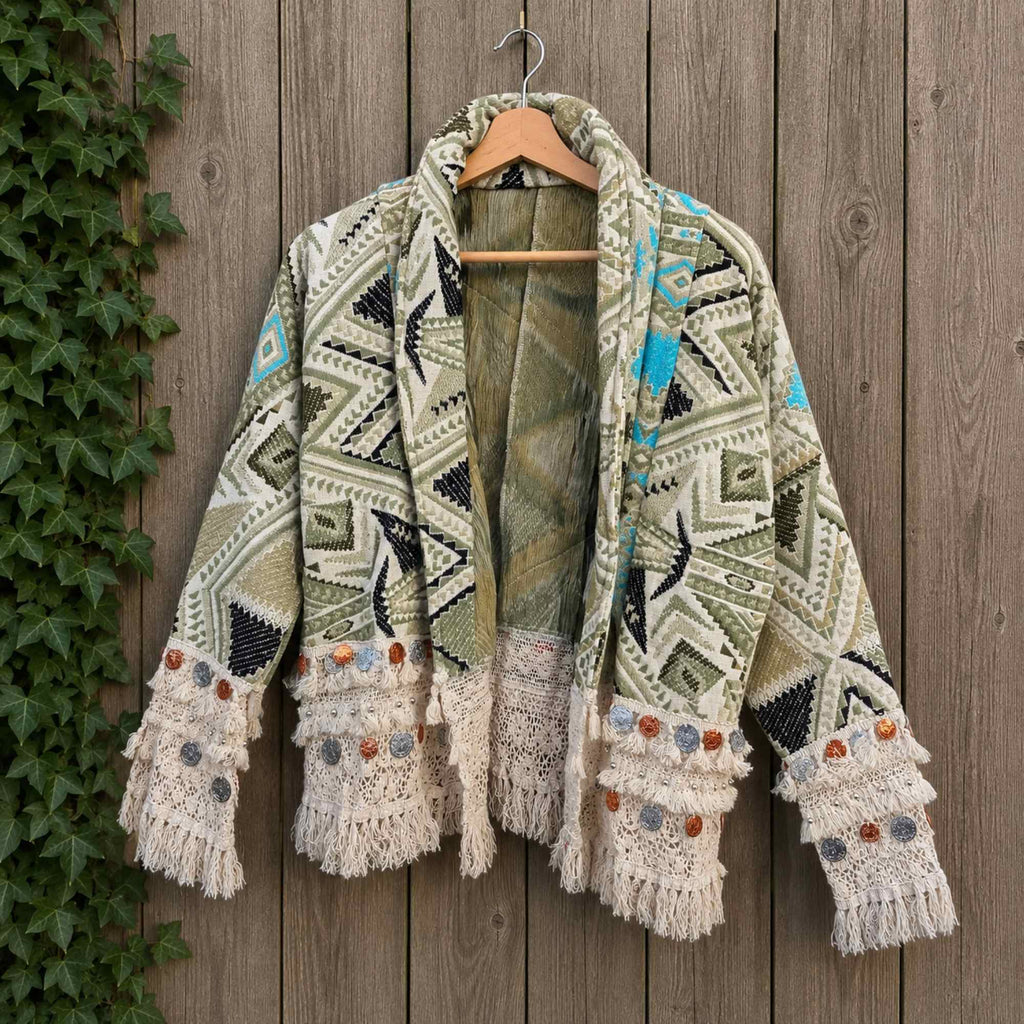 One of a Kind boho kimono jasje op hanger met geweven patroon, franjes en munten van Old New Atelier.