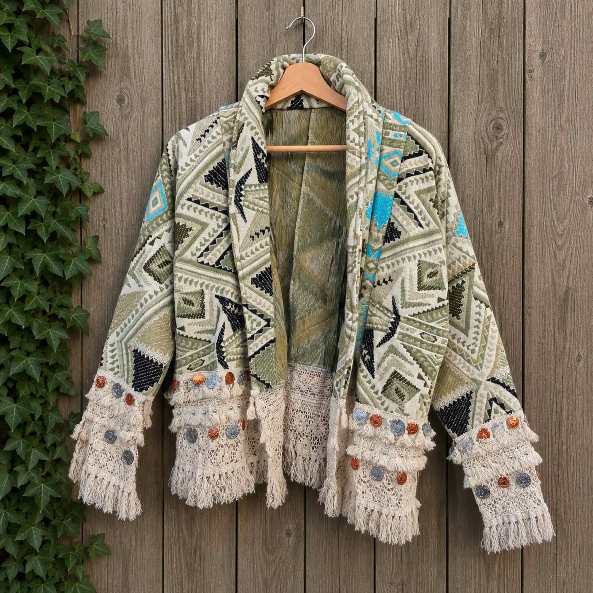 One of a Kind boho kimono jasje op hanger met geweven patroon, franjes en munten van Old New Atelier.