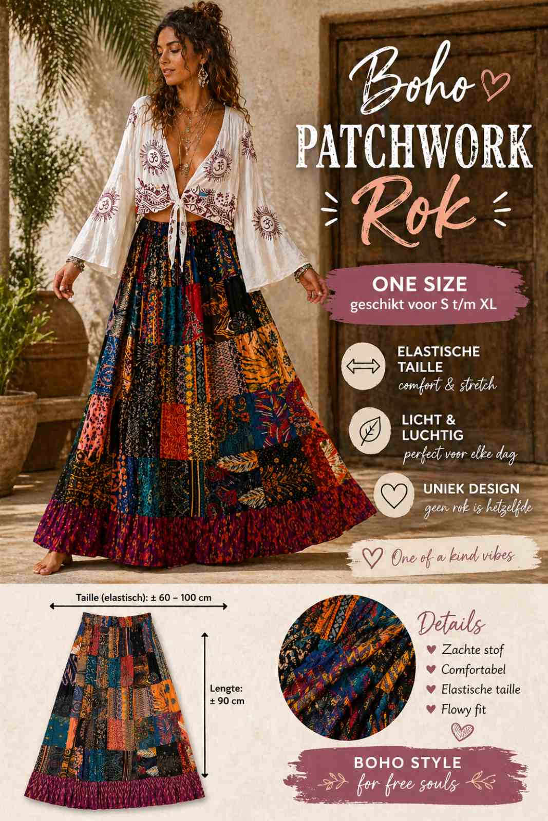 Maat indicatie boho patchwork rok taille en lengte one size