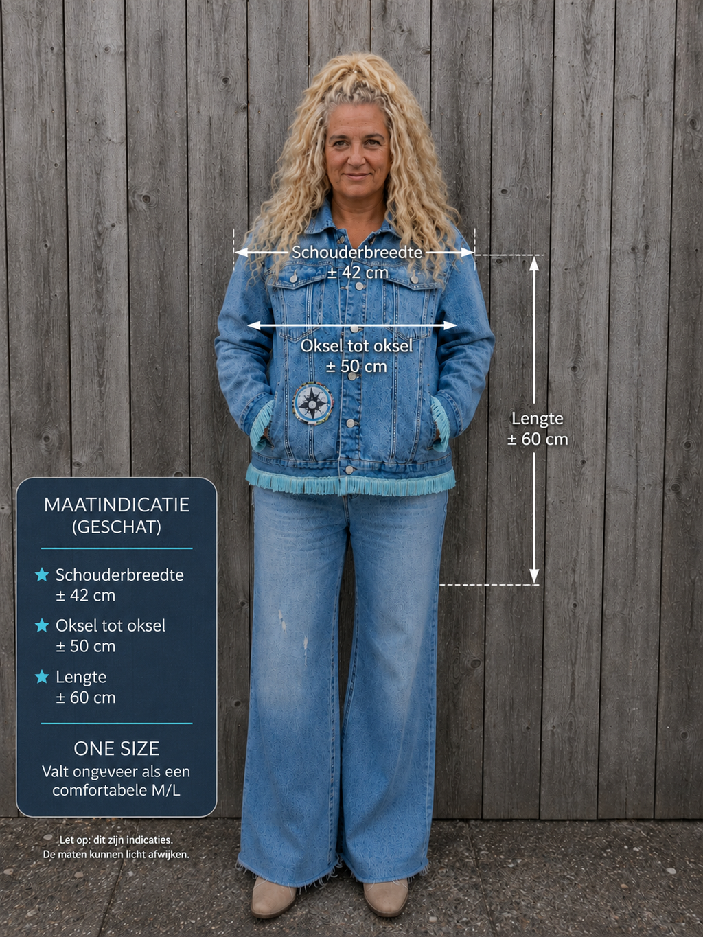 Maatindicatie Moon Soul denim jasje met geschatte schouderbreedte, okselmaat en lengte – One Size Old New Atelier