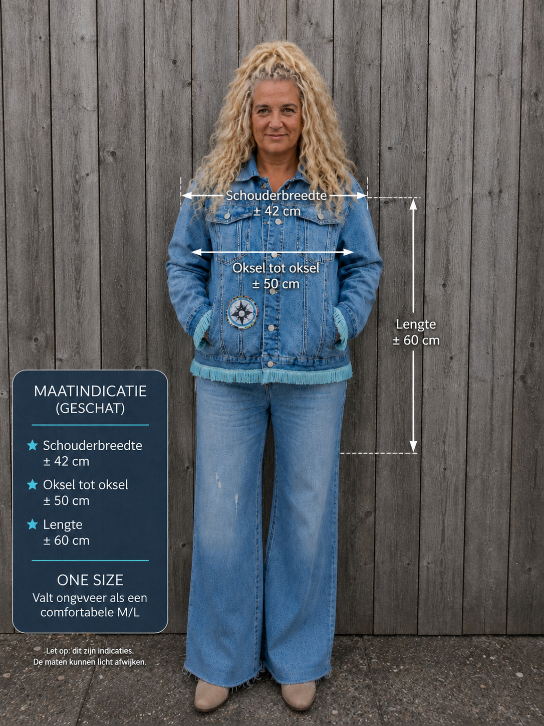 Maatindicatie Moon Soul denim jasje met geschatte schouderbreedte, okselmaat en lengte – One Size Old New Atelier
