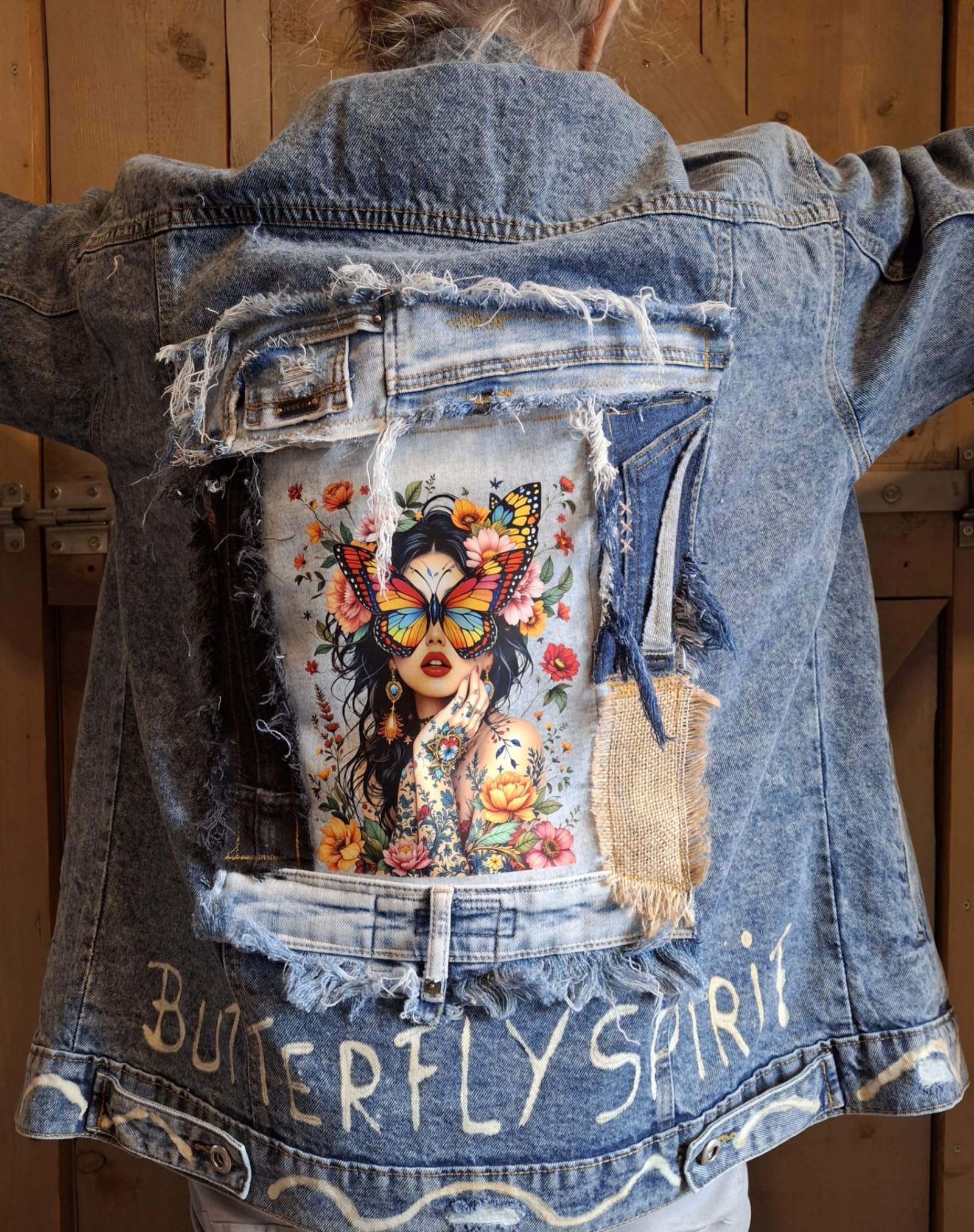 Verkocht -Upcycled Denim Jacket – Butterfly Spirit
