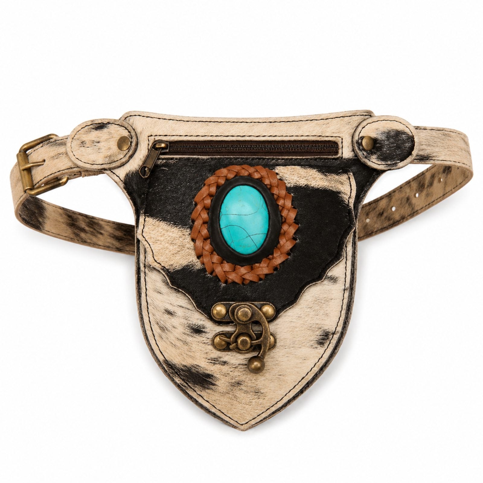 Boho leren heuptasje met turquoise steen en koeienhuid print