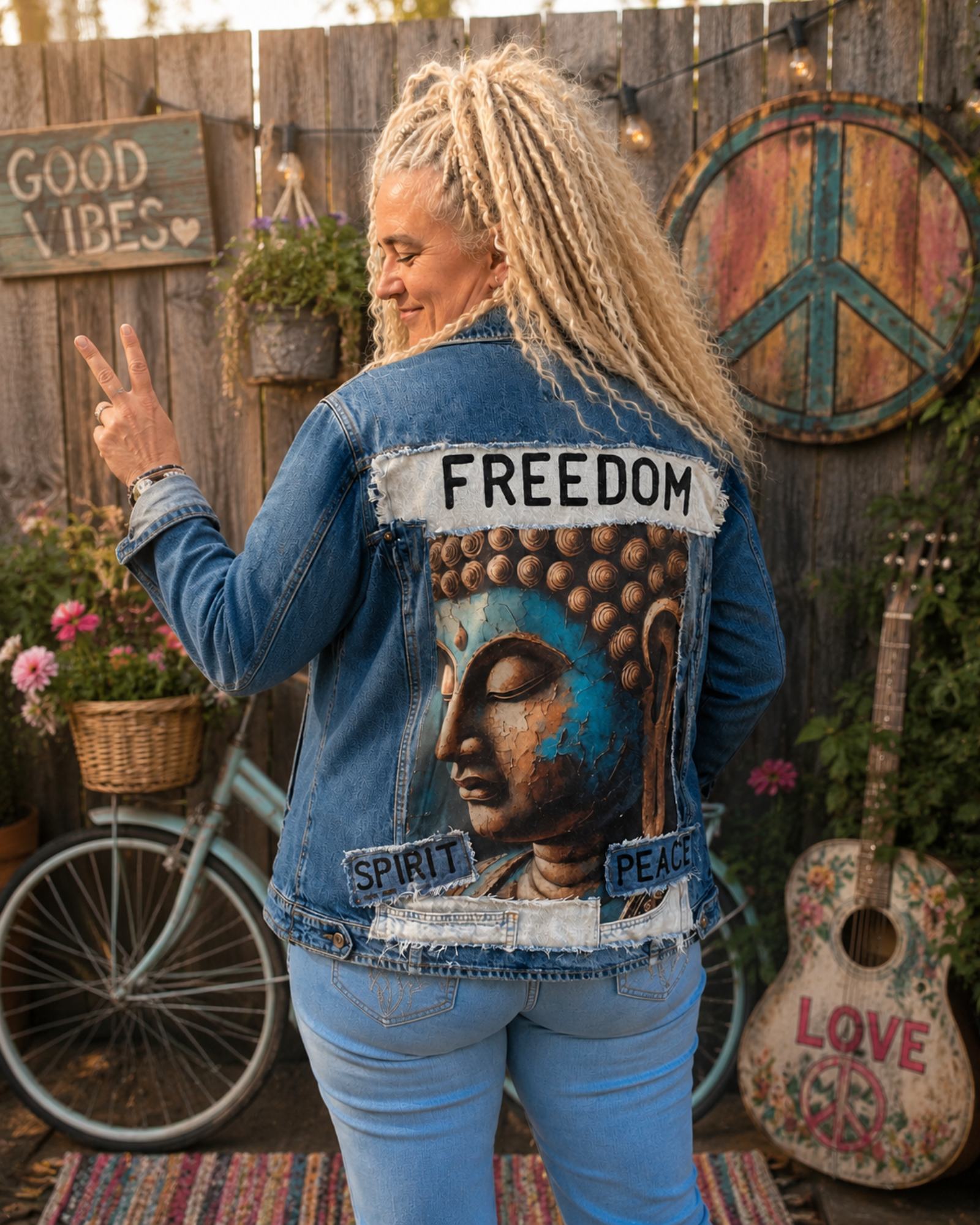 One of a Kind Buddha denim jasje in boho tuinsfeer met peace teken, gitaar en bloemen - handgemaakt door Old New Atelier