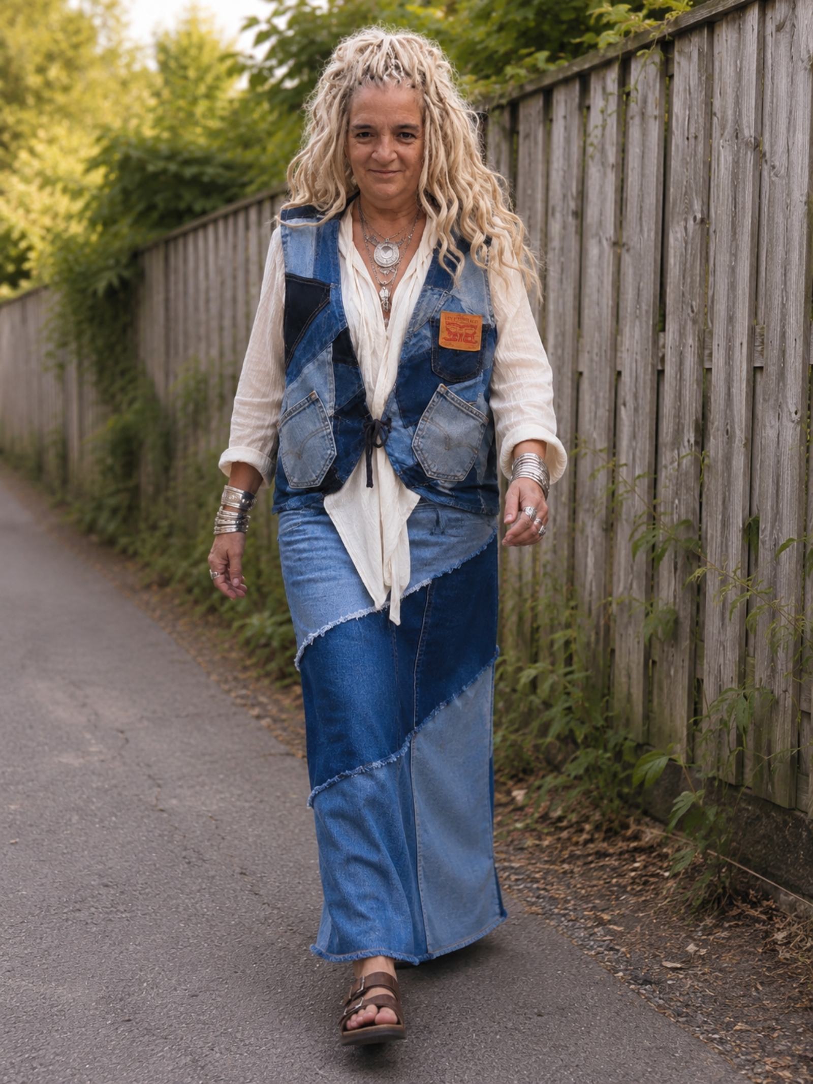 Model draagt een handgemaakt upcycled denim patchwork hesje tijdens een wandeling, boho outfit met gerecyclede Levi's denim.