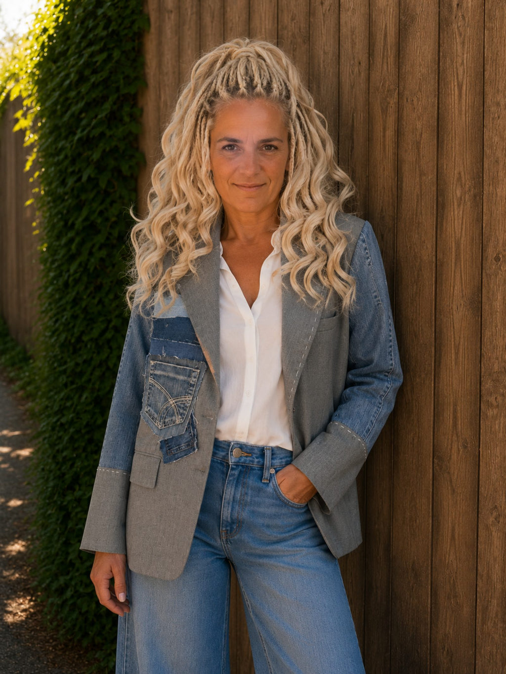 Gedragen One of a Kind upcycled blazer met denim patchwork