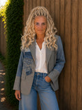 Gedragen One of a Kind upcycled blazer met denim patchwork