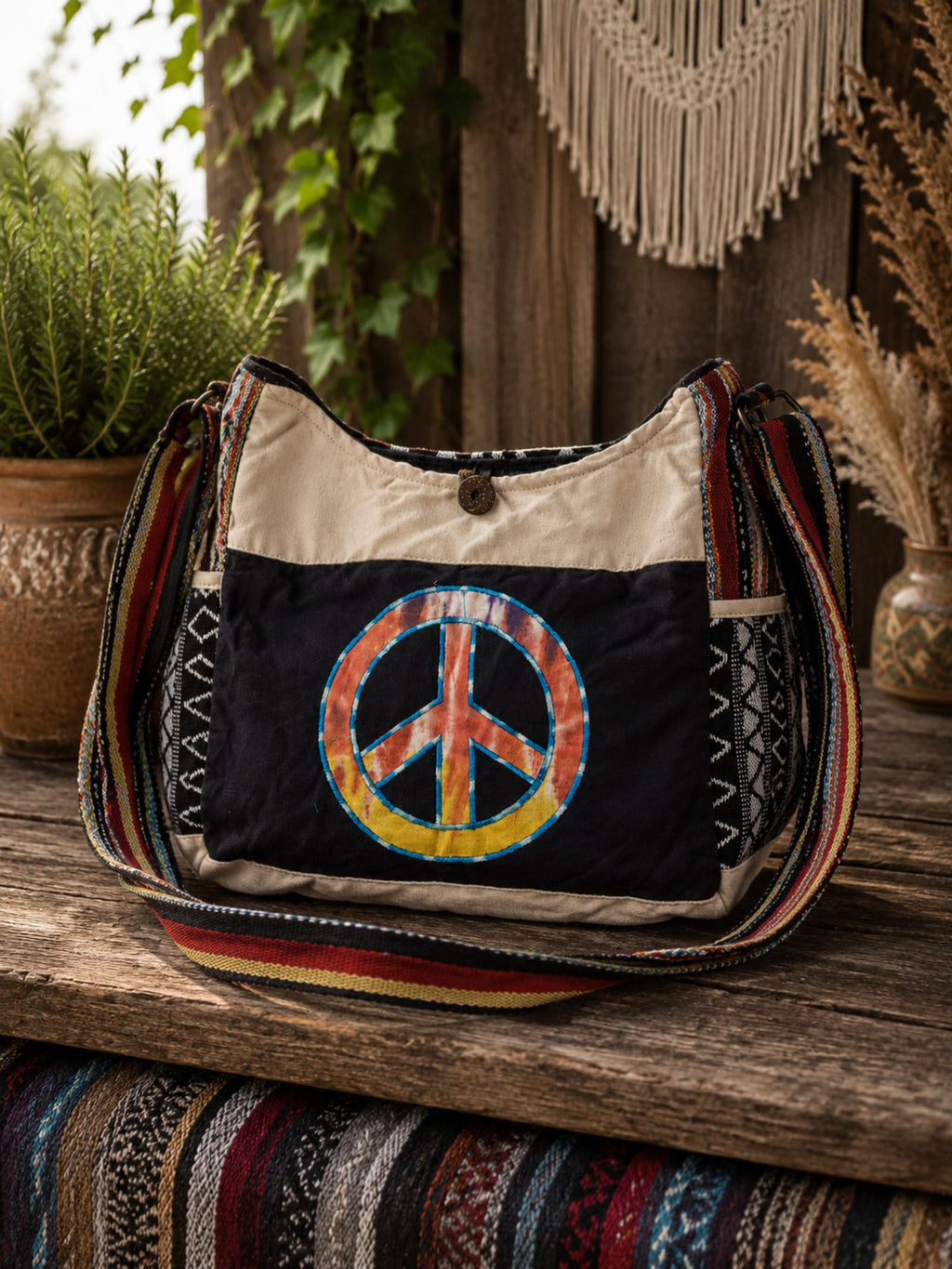 Handgemaakte boho crossbody tas met kleurrijke Peace Patch, verstelbare schouderband en fairtrade geweven katoen uit Nepal.