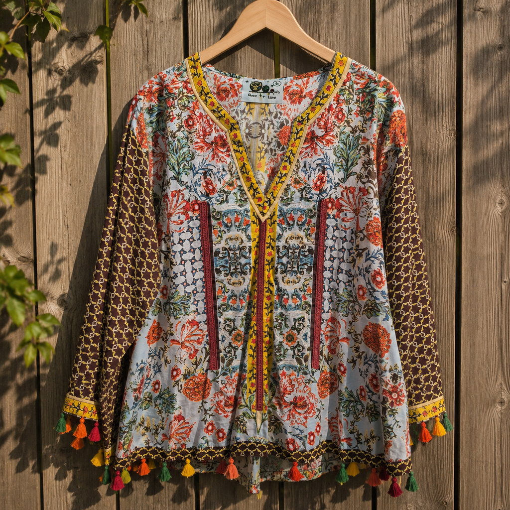 Boho bloemenblouse aan houten hanger voor schutting