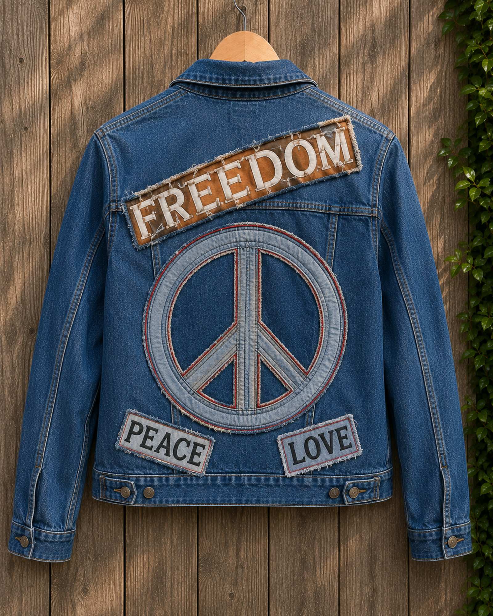 Achterkant Freedom denim jasje met groot peace teken en Freedom Peace Love applicaties