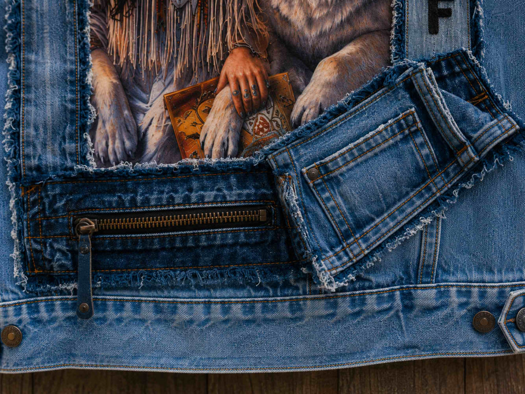 Close-up onderkant rugkunstwerk met rits, denim zakje en rafelwerk