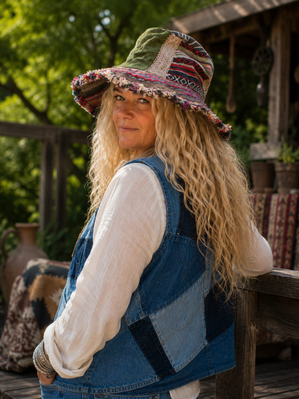 3/4 achteraanzicht van een handgemaakte patchwork boho hoed uit Nepal met kleurrijke geweven stoffen.