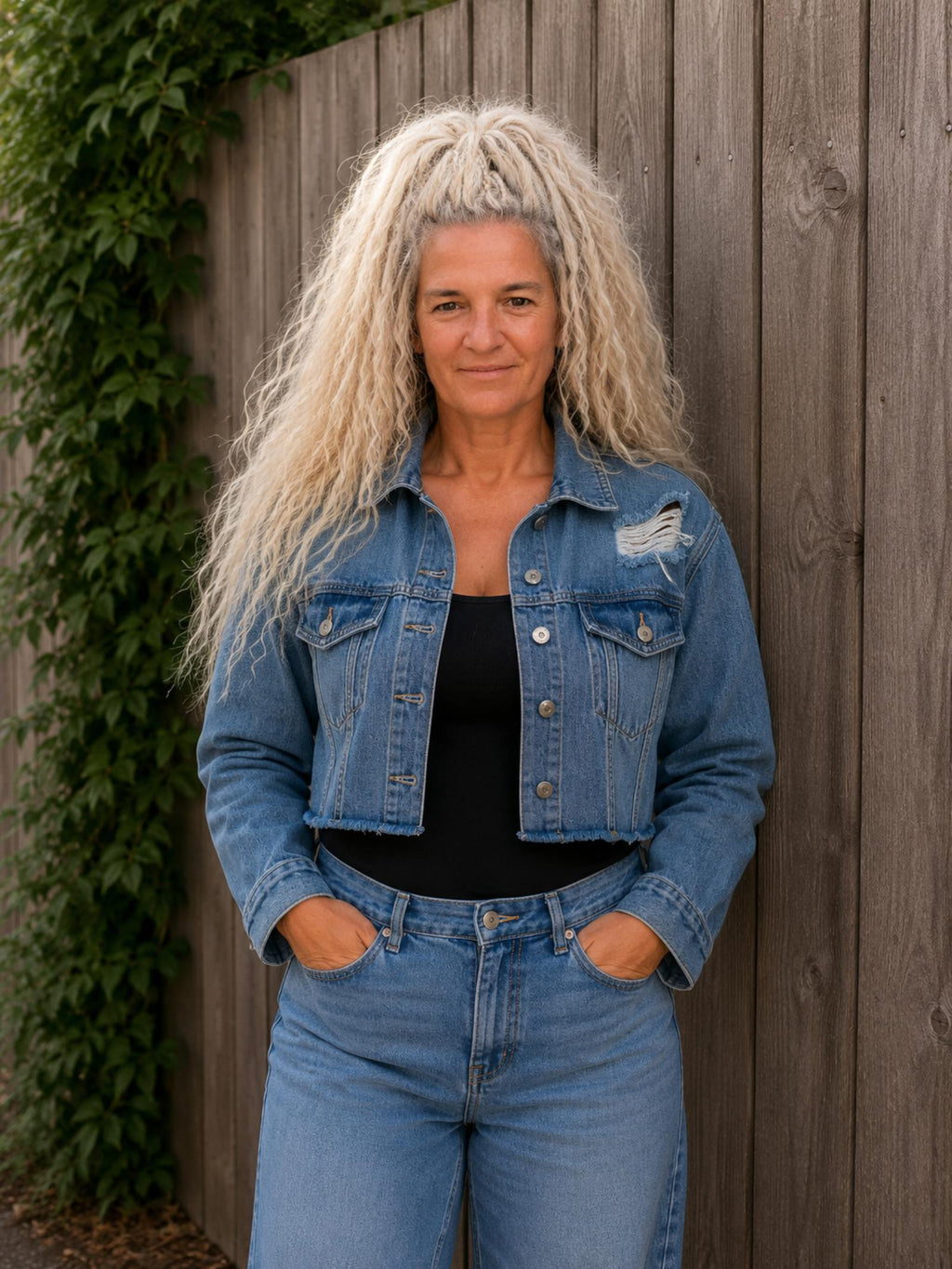 Voorkant van een One of a Kind upcycled denim crop jasje gedragen door model met distressed detail en rafelzoom - Old New Atelier.