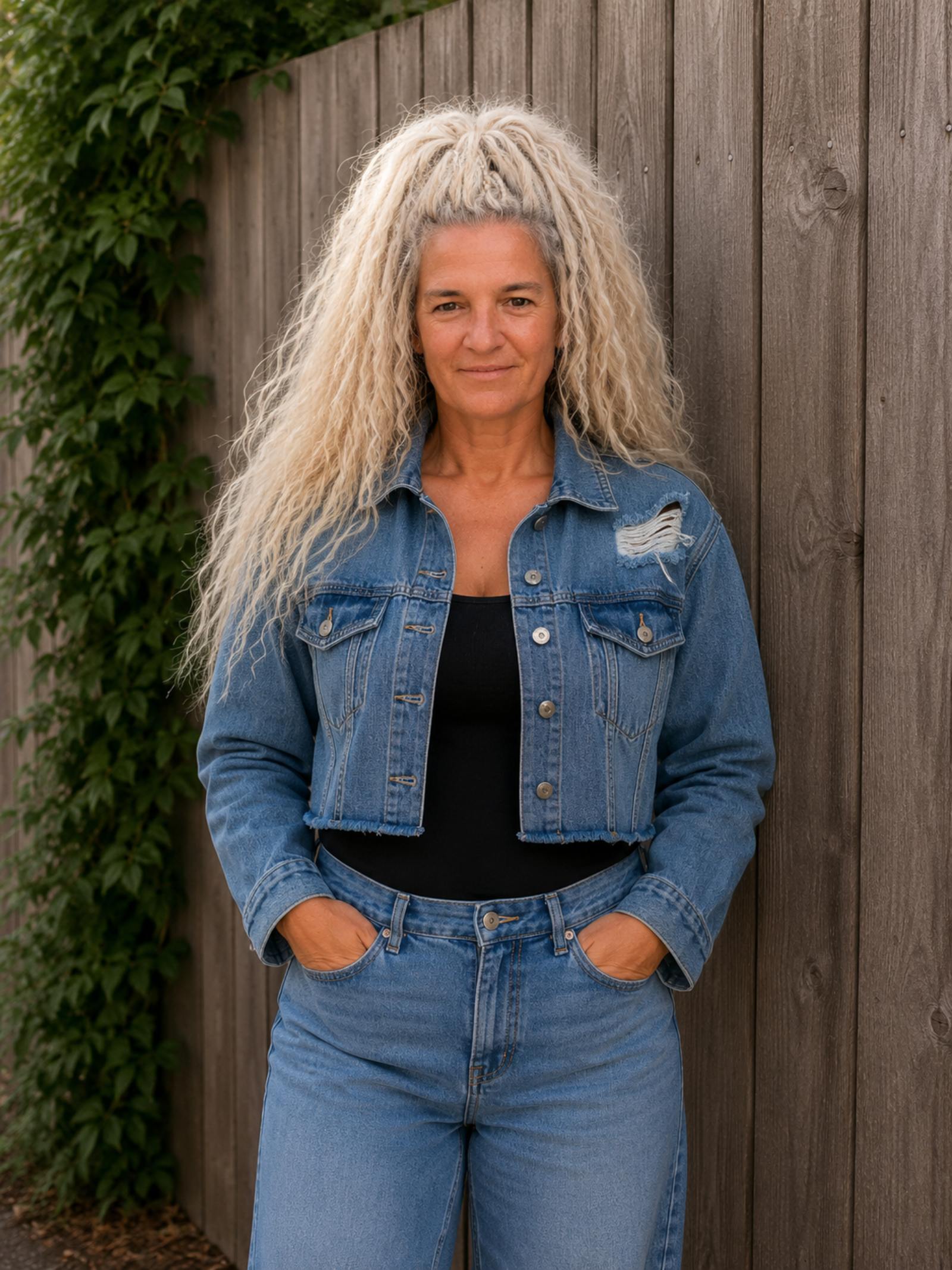 Voorkant van een One of a Kind upcycled denim crop jasje gedragen door model met distressed detail en rafelzoom - Old New Atelier.