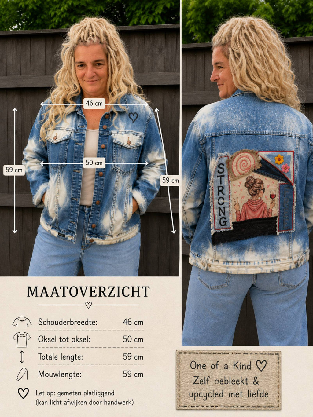 Maatoverzicht Strong & Free denim jasje met schouder borst lengte en mouwmaten