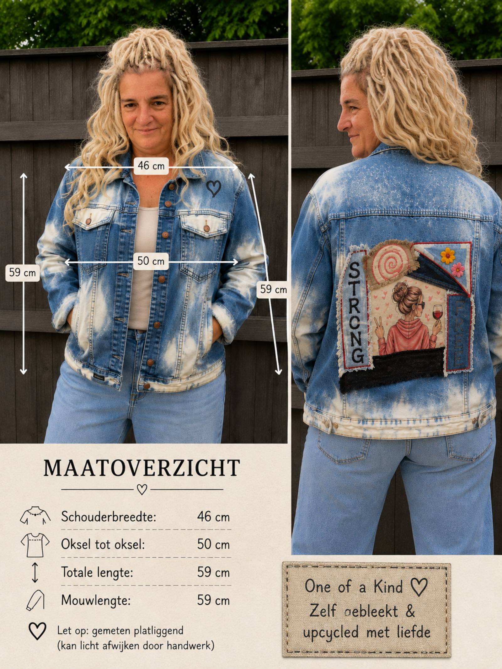 Maatoverzicht Strong & Free denim jasje met schouder borst lengte en mouwmaten