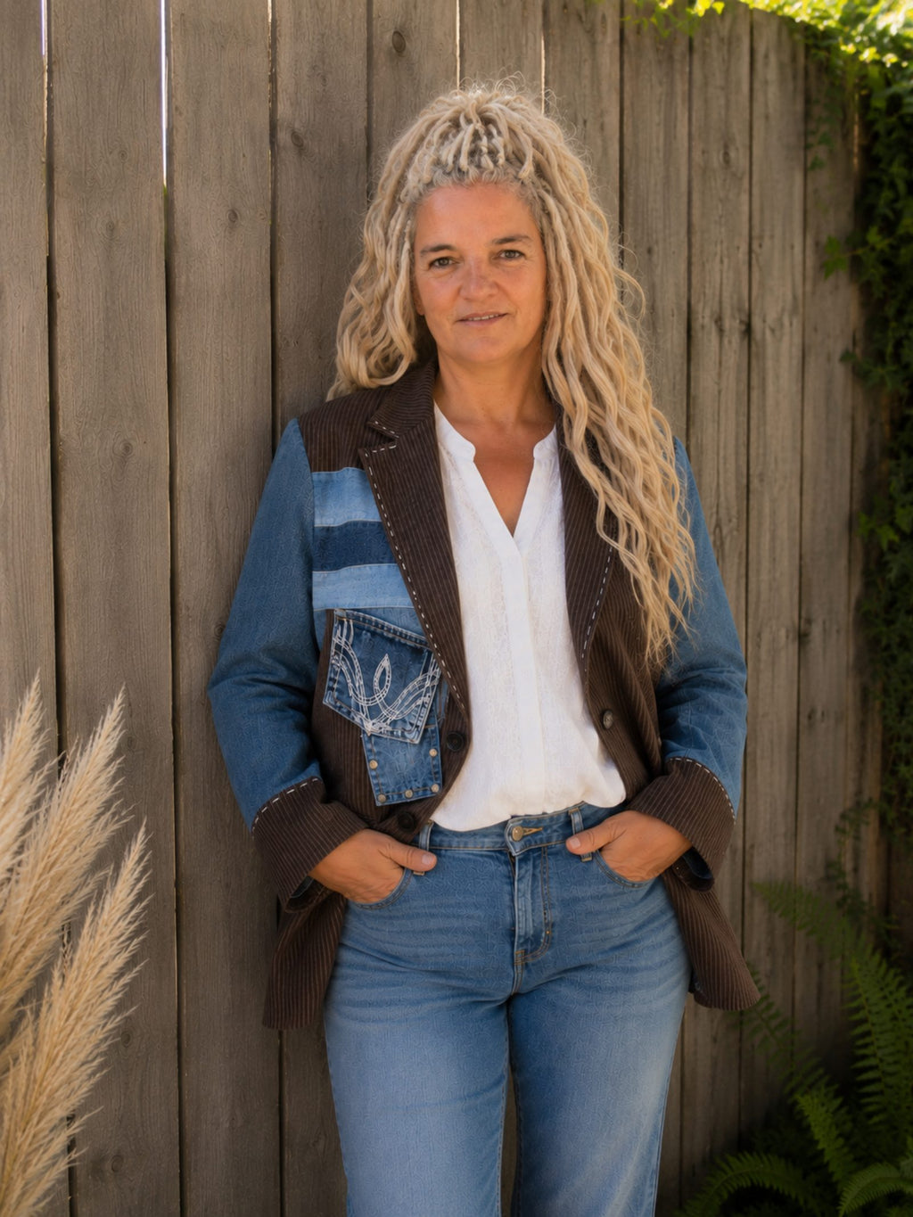 One of a Kind rib jasje met denim details gedragen recht van voren.