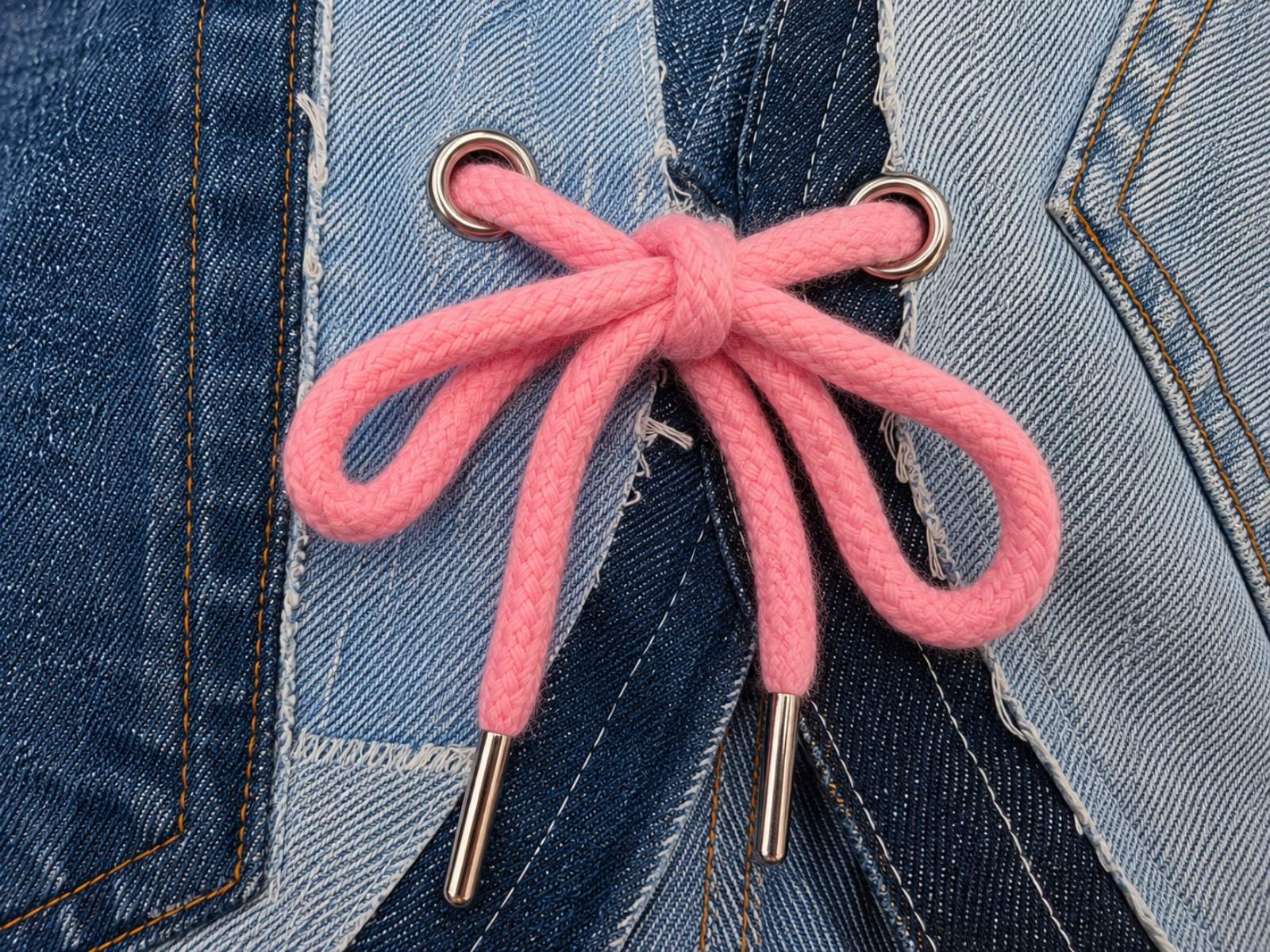Close-up van de roze striksluiting op het Blue Nomad L/XL One of a Kind Levi's patchwork hesje.
