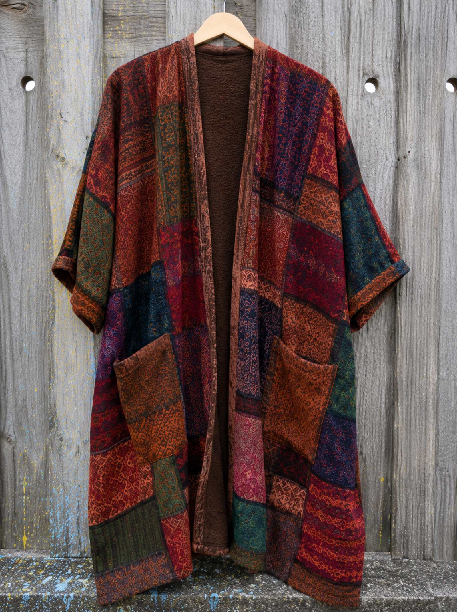 Voorkant van een oversized boho patchwork vest in one size hangend aan een houten schutting, handgemaakt bohemian vest van Old New Atelier.