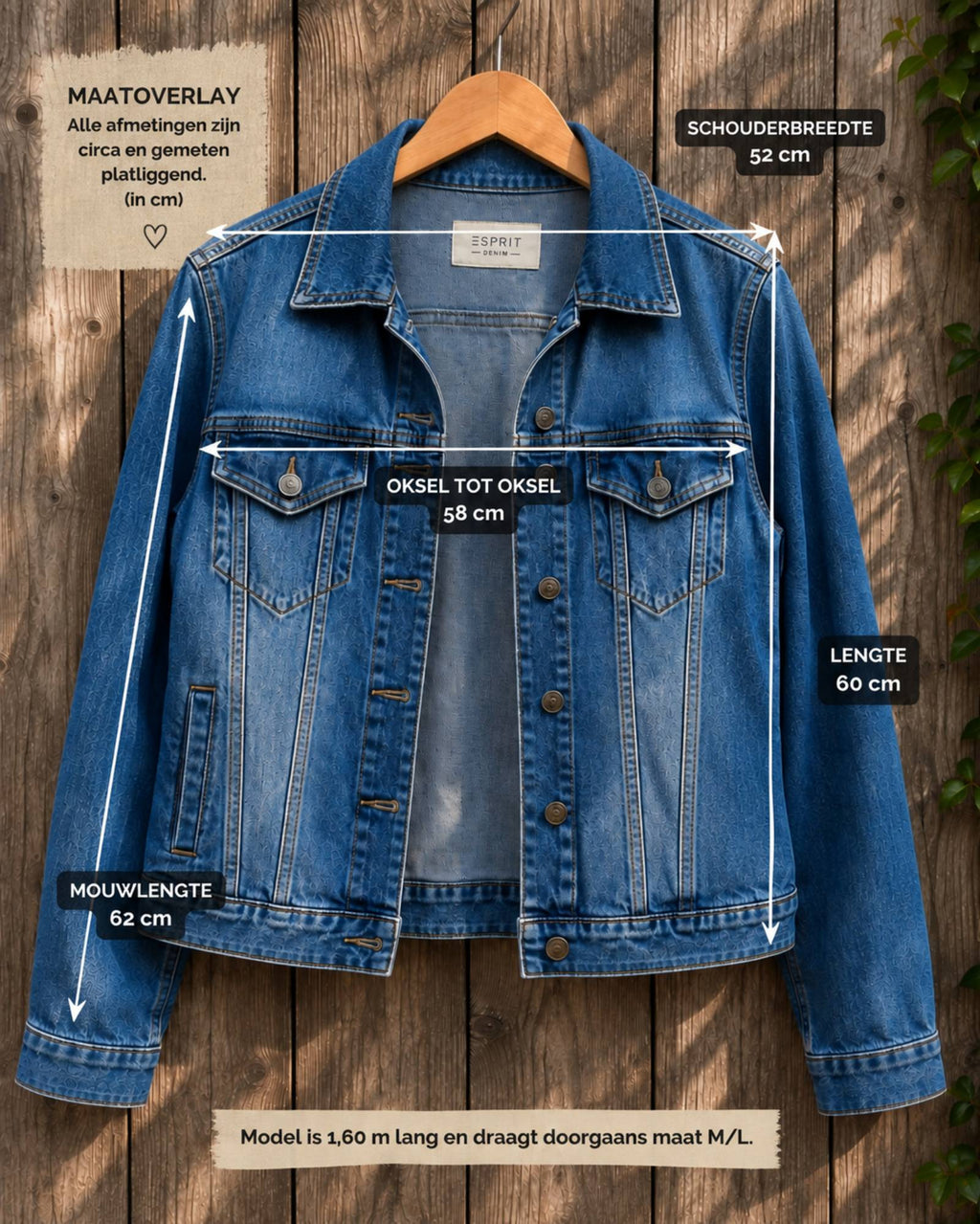 Afmetingen Freedom upcycled denim jasje met schouderbreedte lengte en okselmaat