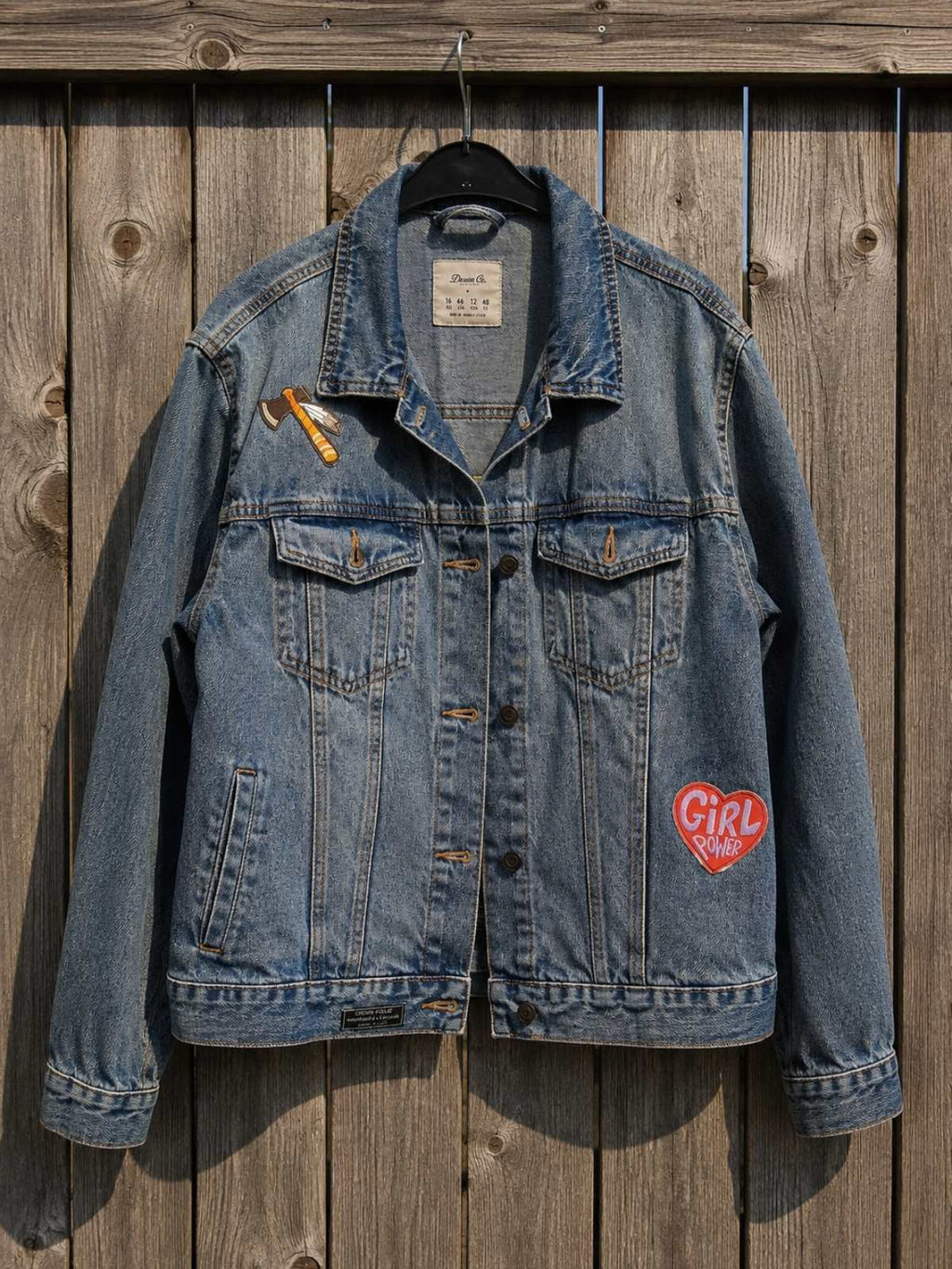 Upcycled denim jacket met Girl Power patch – boho one of a kind jasje