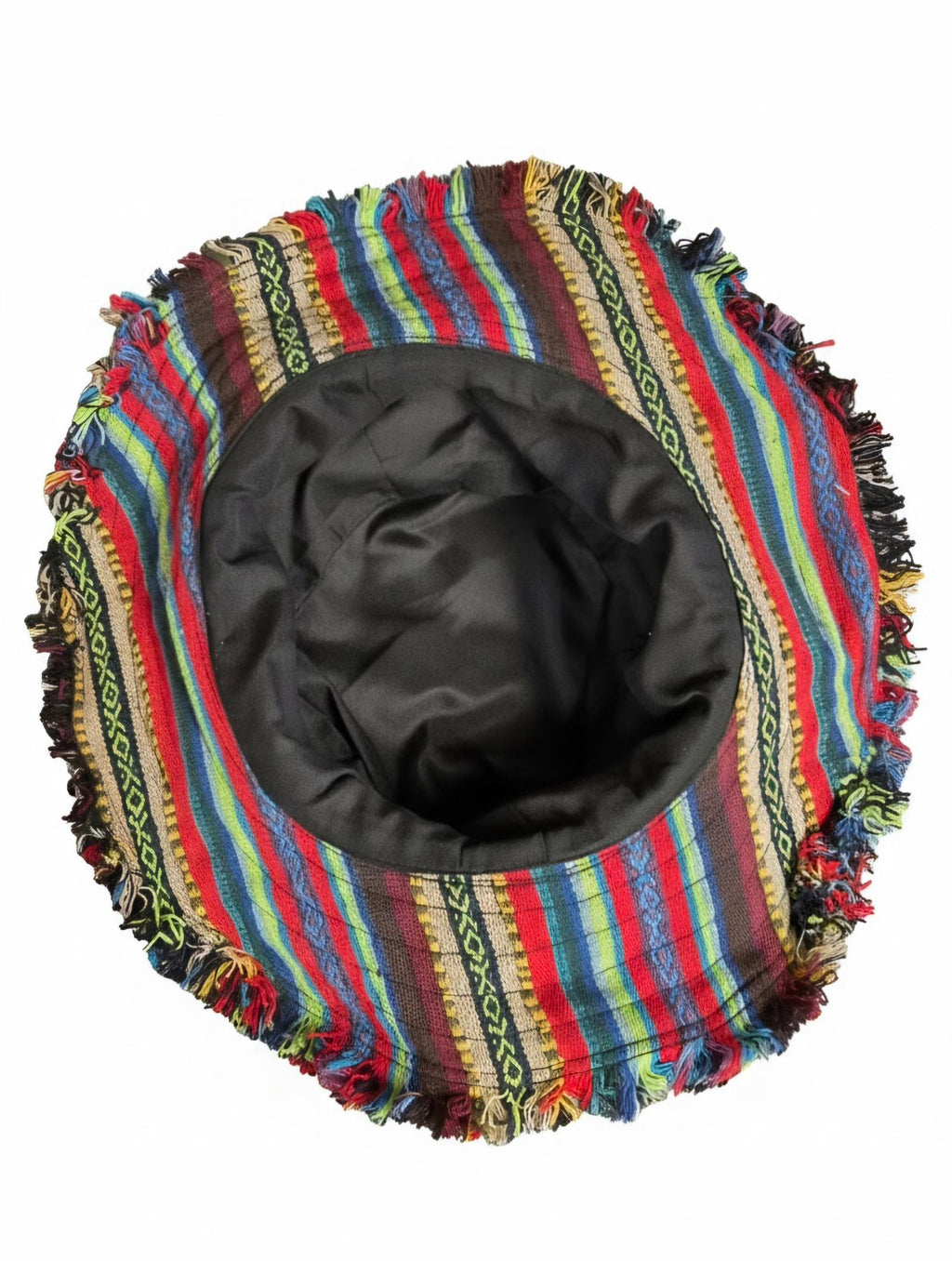 Binnenzijde van een handgemaakte patchwork hoed uit Nepal met comfortabele voering.