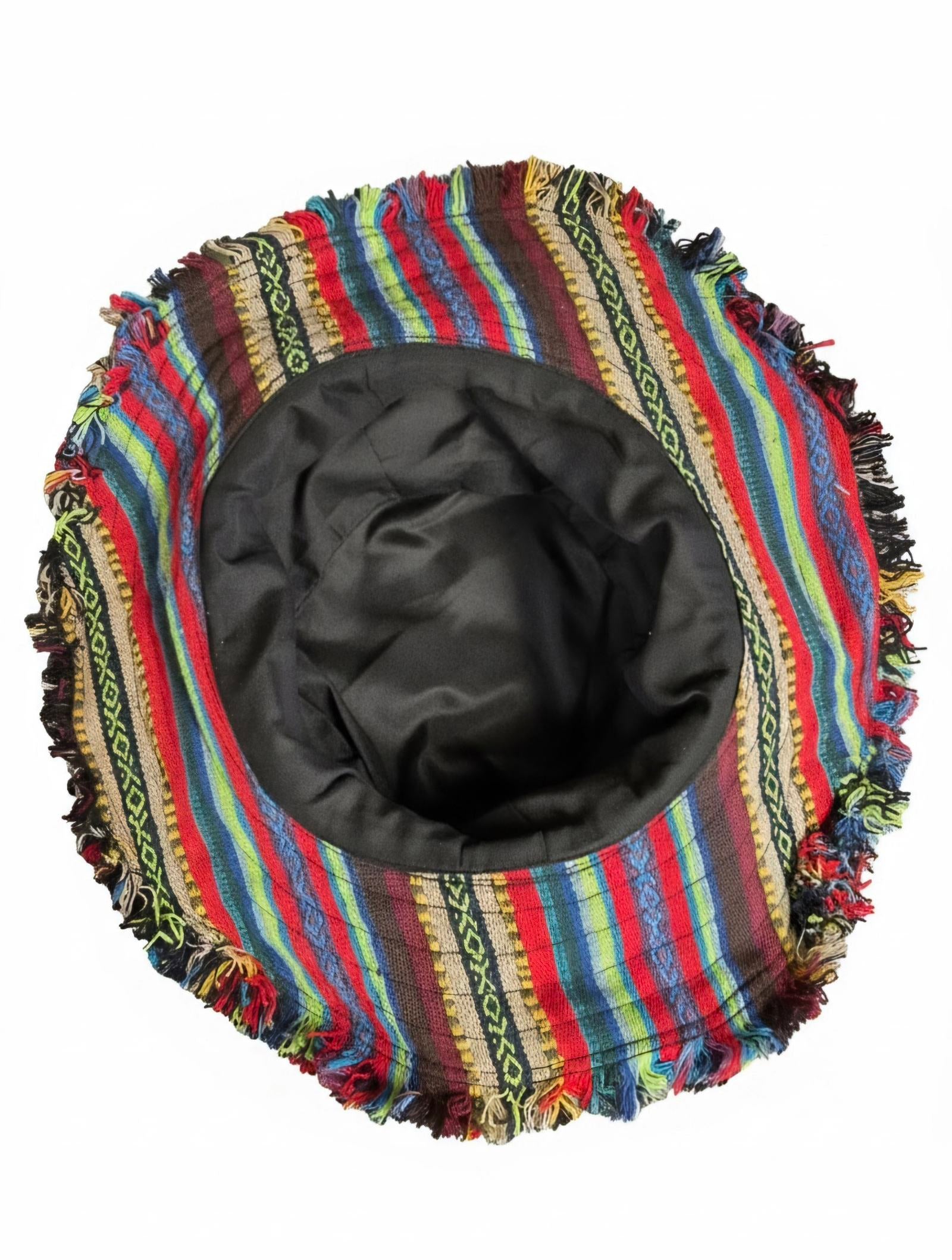 Binnenzijde van een handgemaakte patchwork hoed uit Nepal met comfortabele voering.