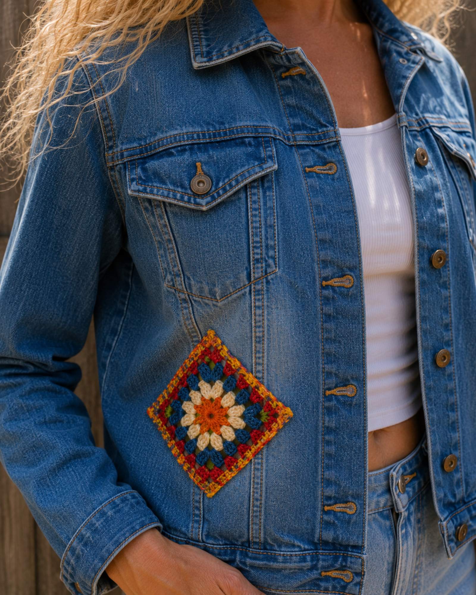 Close-up van handgehaakte granny square voorpatch op One of a Kind upcycled denim jasje met unieke boho details.