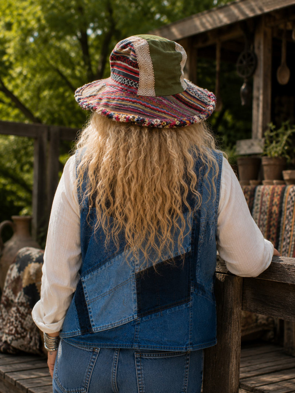 Achteraanzicht van een handgemaakte patchwork hoed uit Nepal met unieke patchworkdetails en rafelrand.
