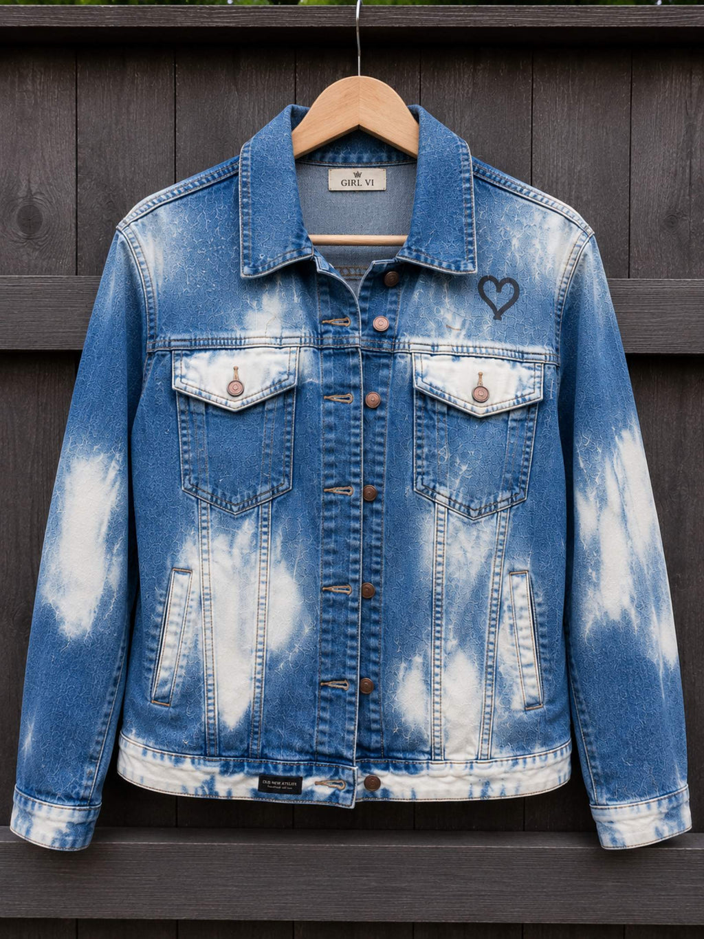 Voorkant Strong & Free upcycled denim jasje op hanger met handgemaakt bleekpatroon