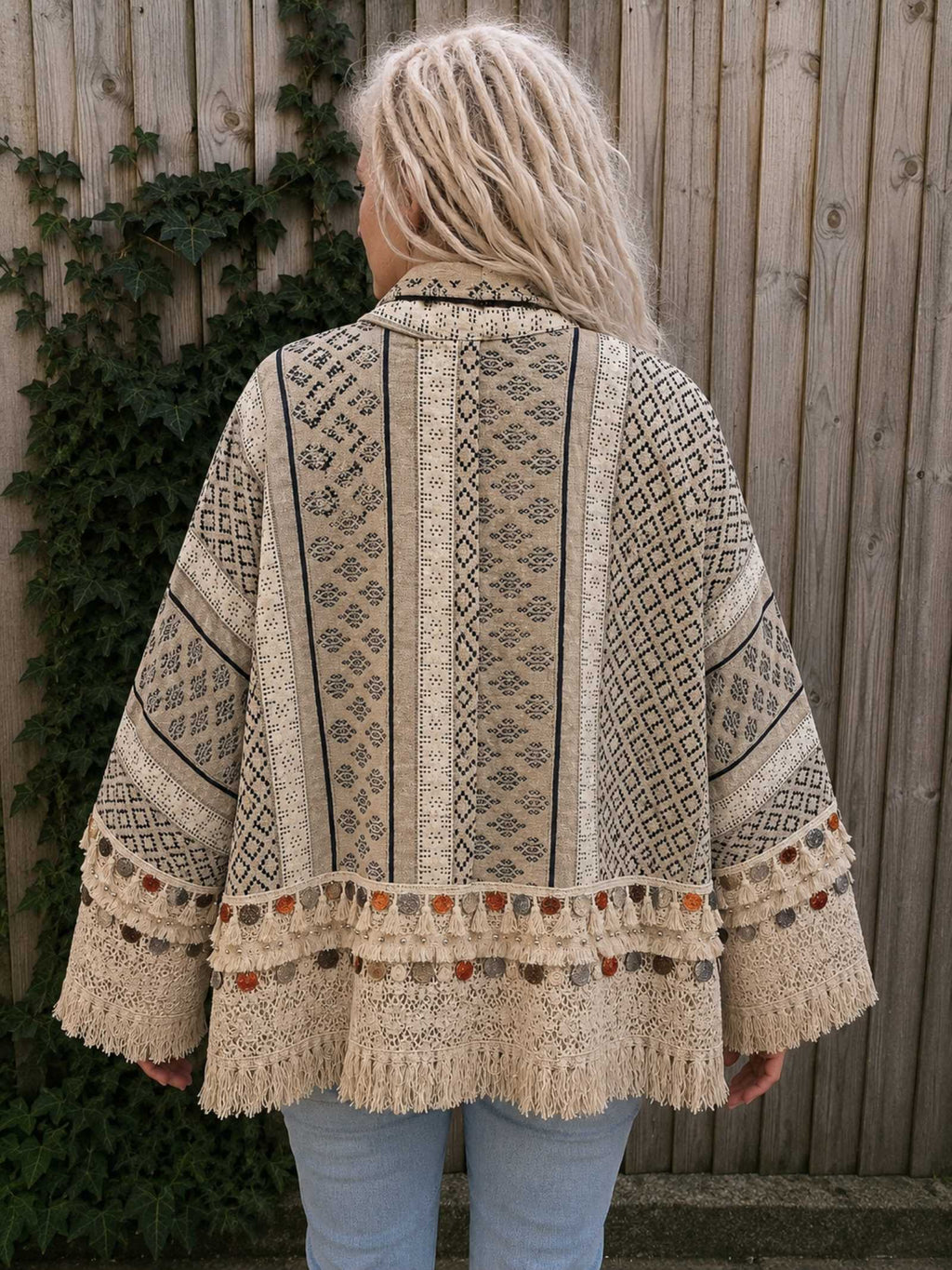 Achterkant van het boho kimono jasje beige donkerblauw gedragen.
