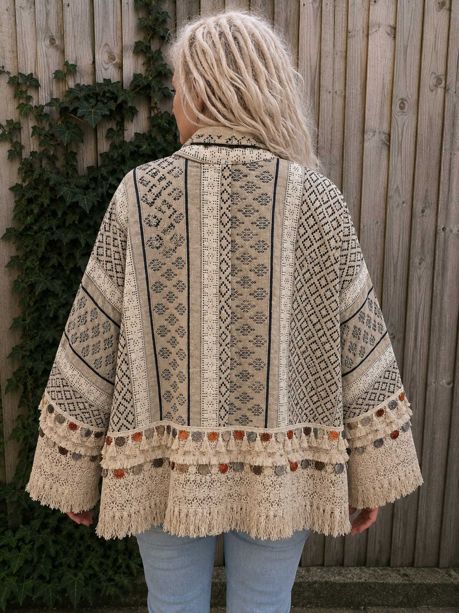 Achterkant van het boho kimono jasje beige donkerblauw gedragen.