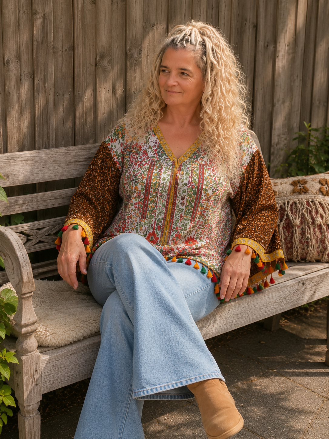 Boho blouse gedragen op houten bankje met kleurrijke kwastjes