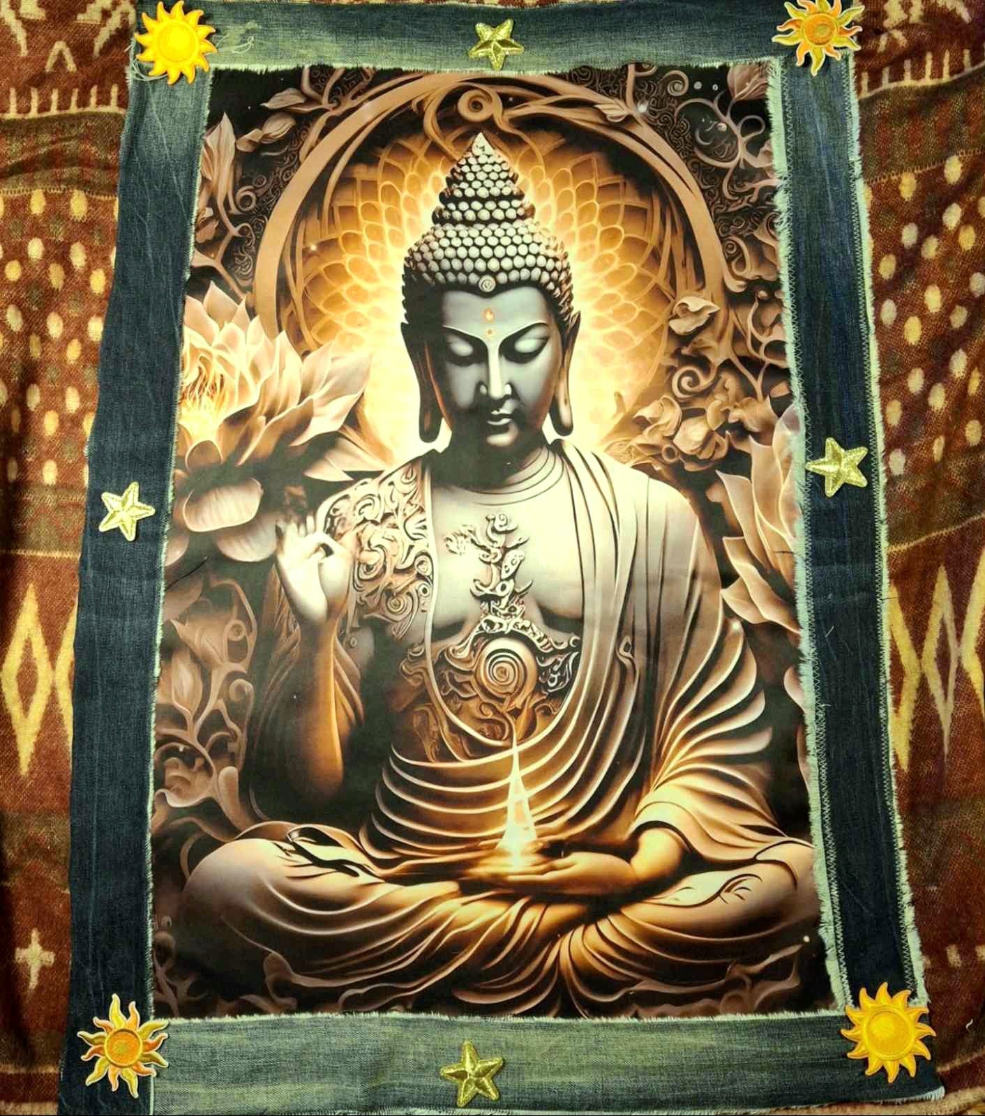 detail Buddha patch upcycled jas handgemaakt boho stijl
