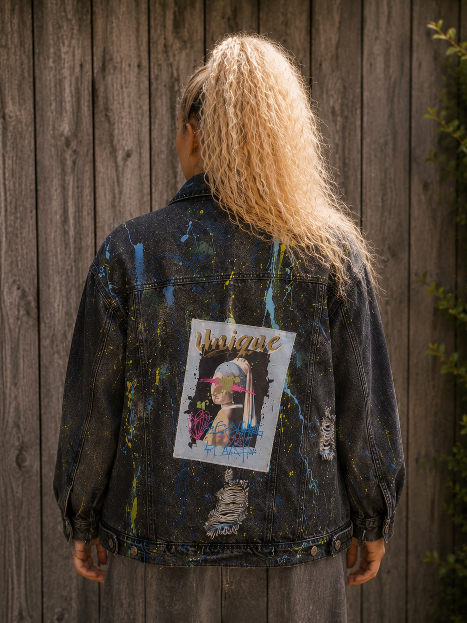 One of a Kind zwart upcycled spijkerjasje met Unique kunstpatch, verfspetters en destroyed details achterkant | Old New Atelier