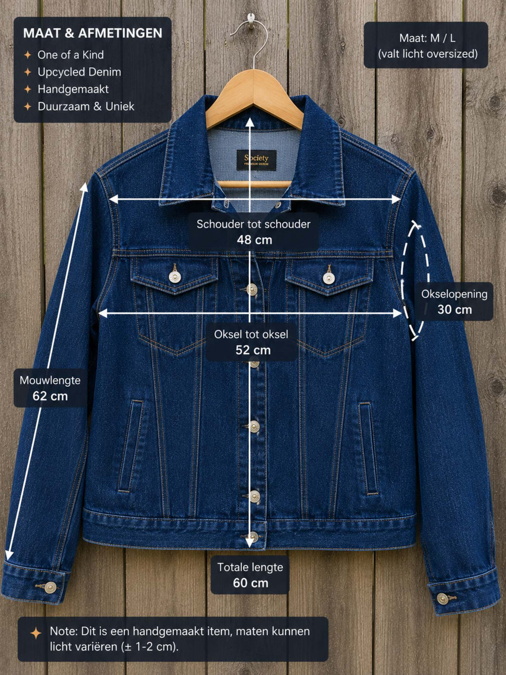 Maat en afmetingen van Wait a Minute one of a kind upcycled denim jasje maat M/L