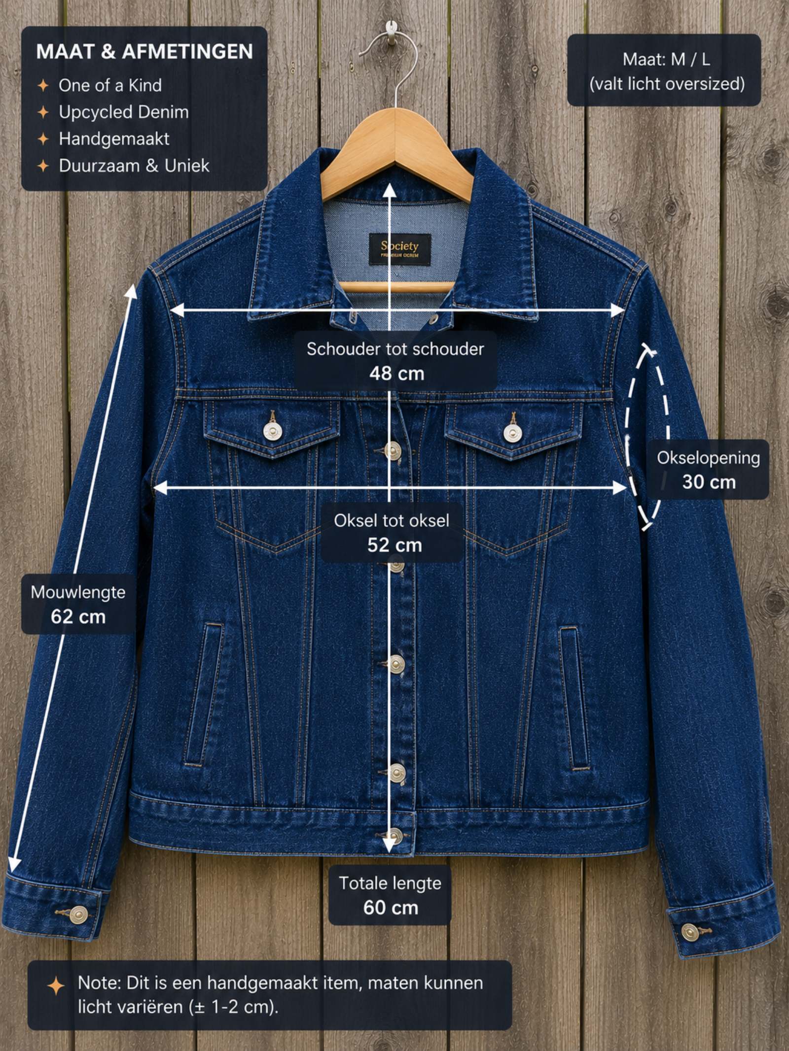 Maat en afmetingen van Wait a Minute one of a kind upcycled denim jasje maat M/L