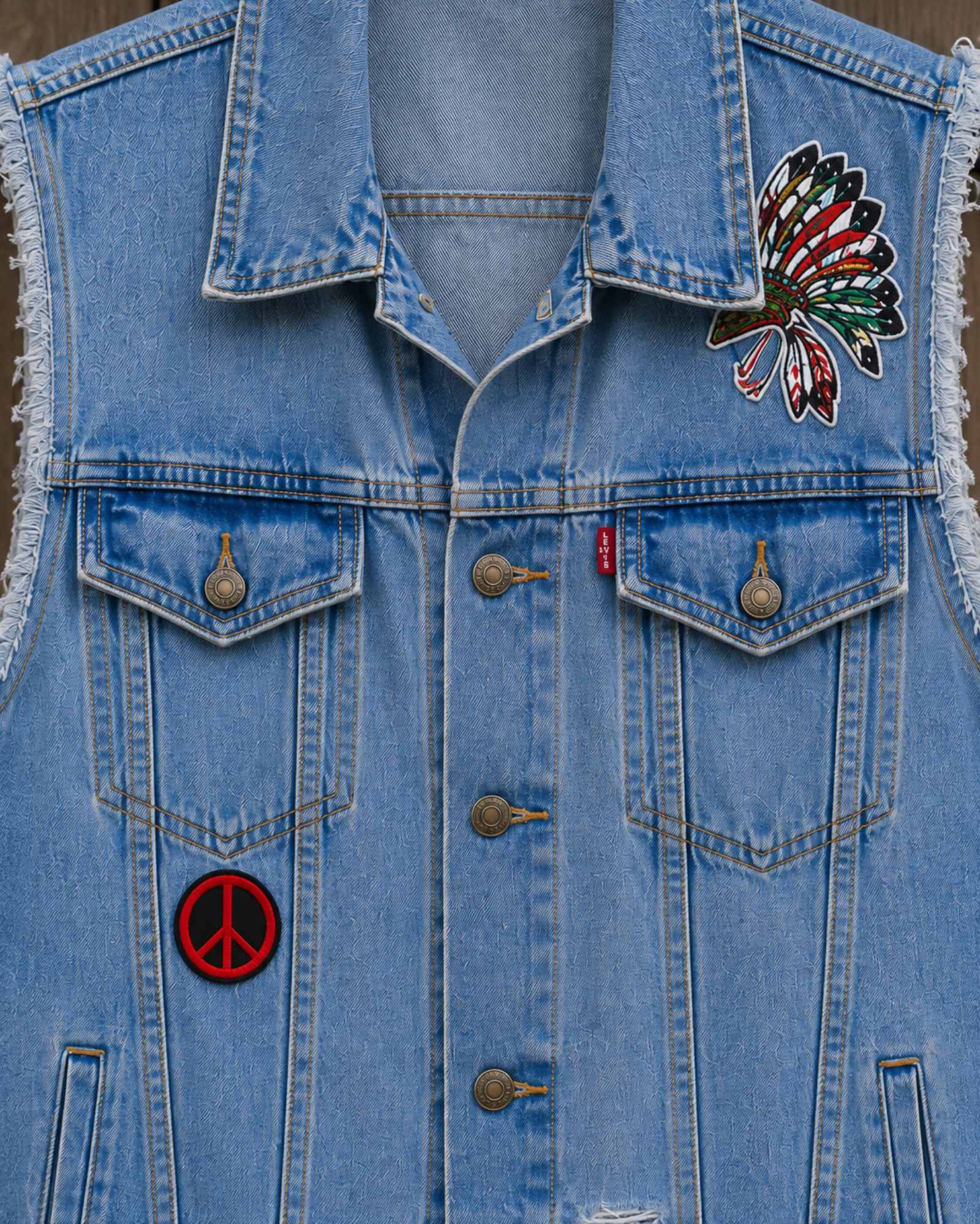 Detail voorkant upcycled denim hesje met borstzakken, knopen en applicaties
