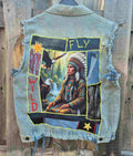 Handgemaakt upcycled denim vest met Wild Fly artwork op de achterkant
