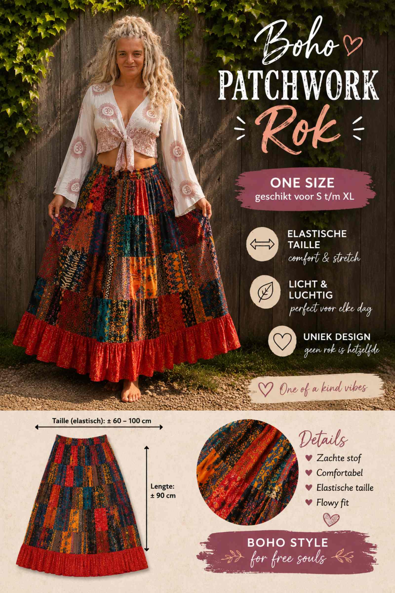 Boho patchwork maxi rok met maatinformatie, elastische taille, one size S t/m XL en gedragen door model van Old New Atelier.