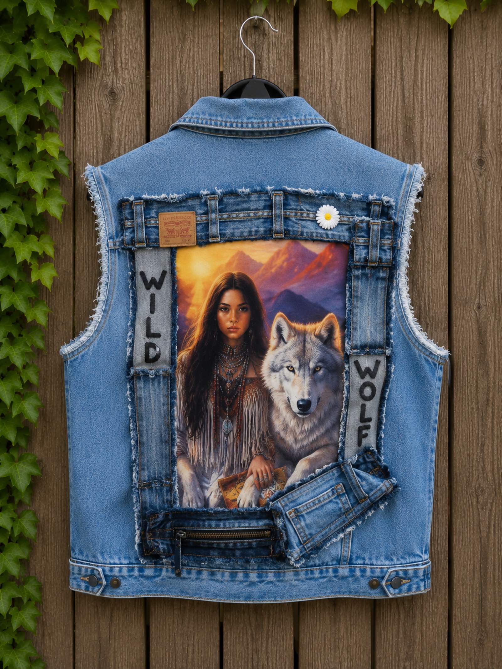 Wild Wolf upcycled denim hesje achterkant met groot vrouw en wolf kunstwerk